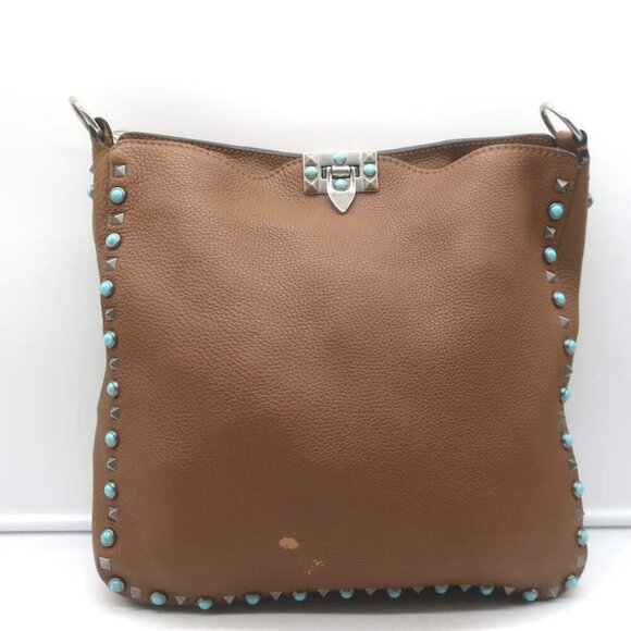 Valentino Rolling Rockstud Guitar Strap Flip-Lock Messenger Bag Brown Leather - Picture 4 of 16